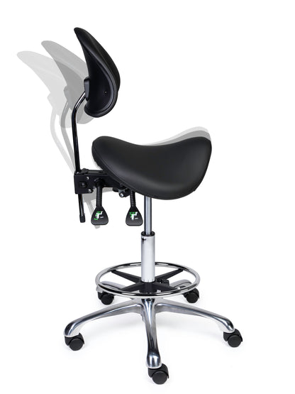 Ergonomischer Sattelhocker mit Rückenlehne Premium Schwarz auf Rollen