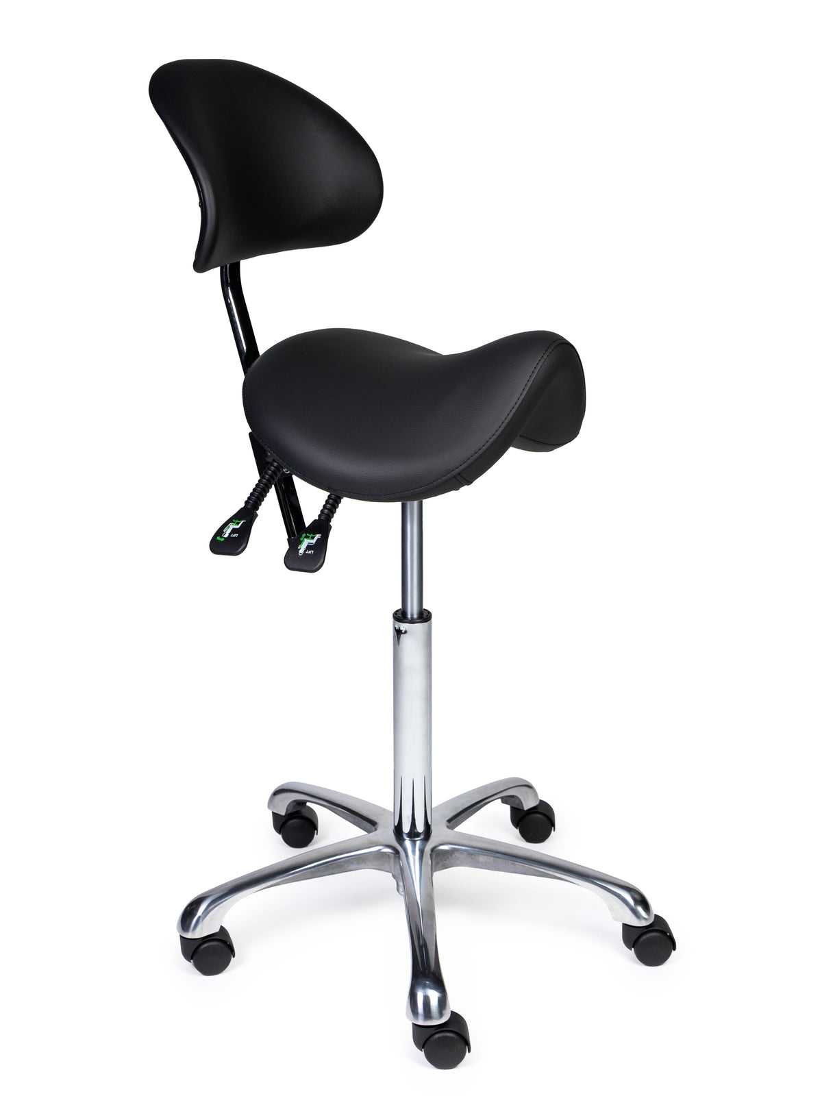 Ergonomischer Sattelhocker mit Rückenlehne Premium Schwarz auf Rollen