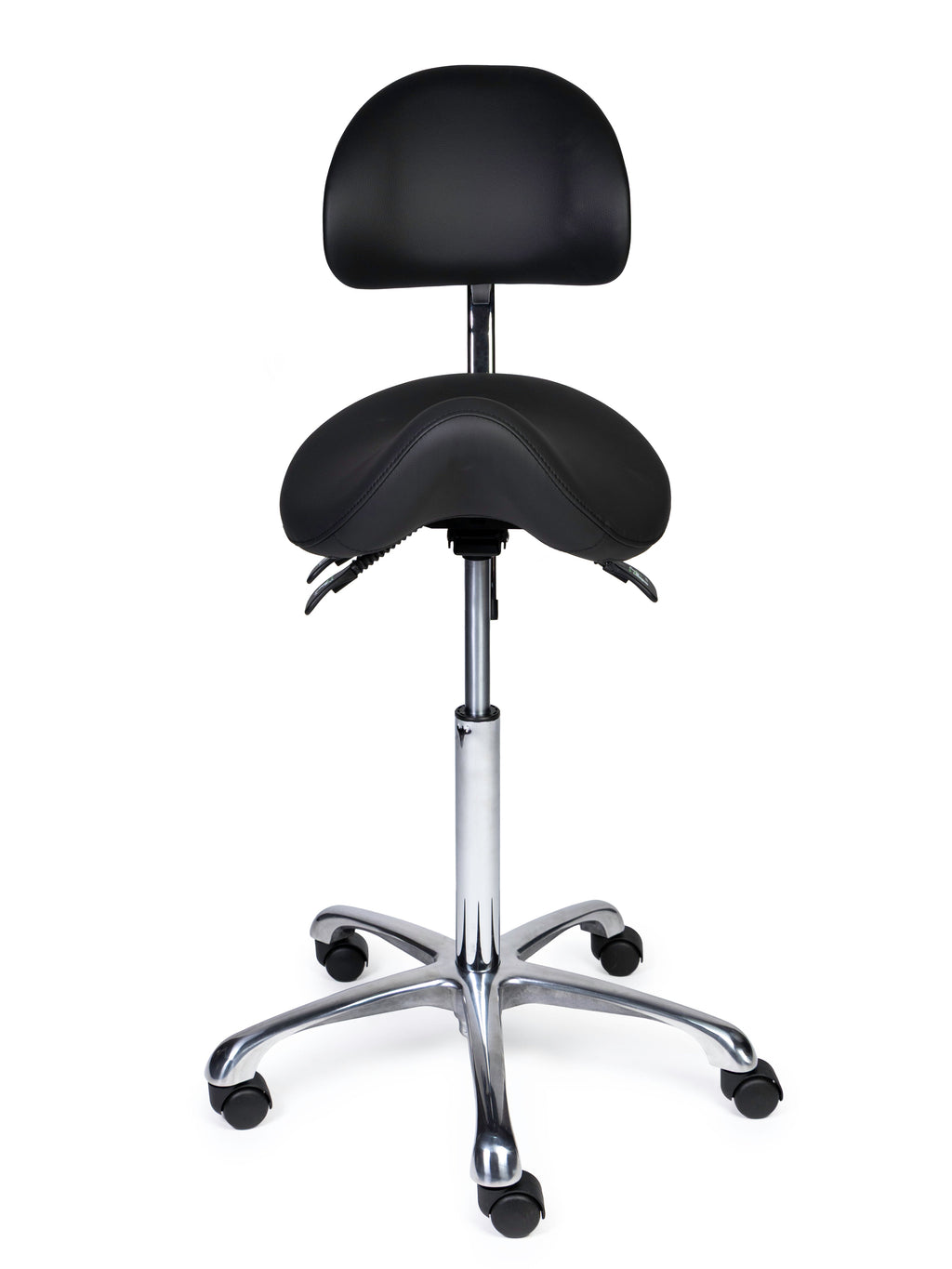 Ergonomischer Sattelhocker mit Rückenlehne Premium Schwarz auf Rollen