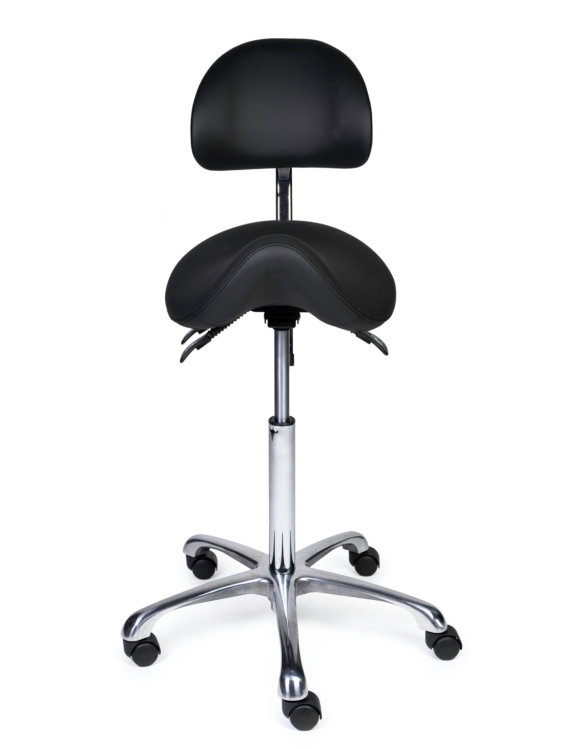 Ergonomischer Sattelhocker mit Rückenlehne Premium Schwarz auf Rollen