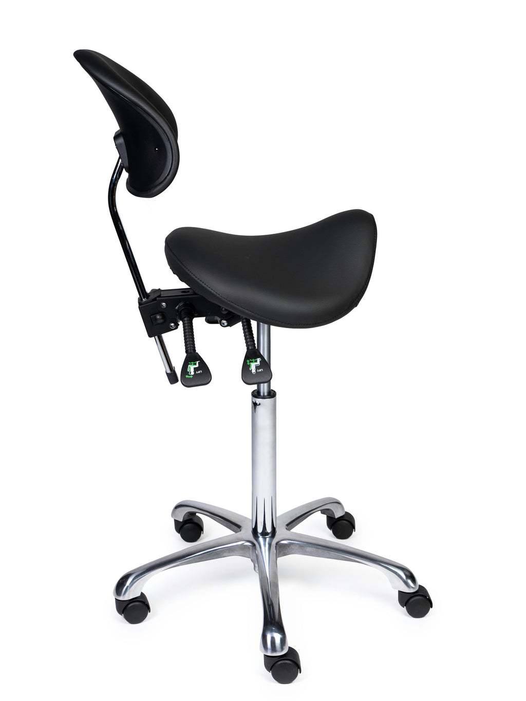 Ergonomischer Sattelhocker mit Rückenlehne Premium Schwarz auf Rollen