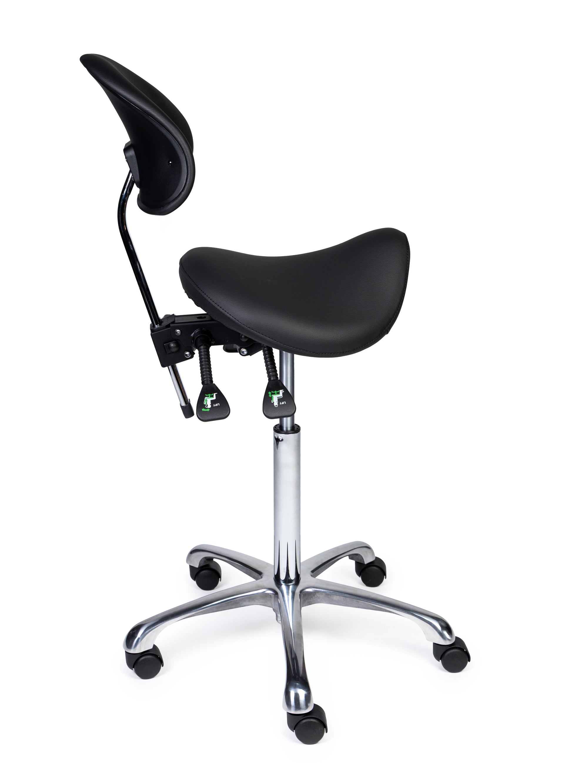 Ergonomischer Sattelhocker mit Rückenlehne Premium Schwarz auf Rollen