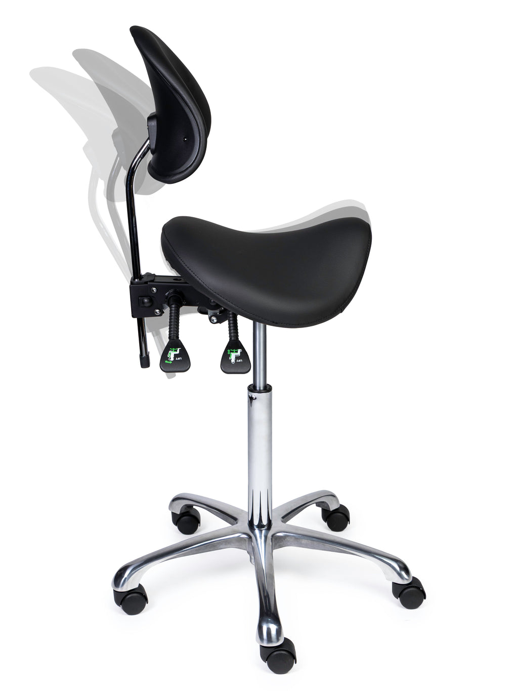 Ergonomischer Sattelhocker mit Rückenlehne Premium Schwarz auf Rollen