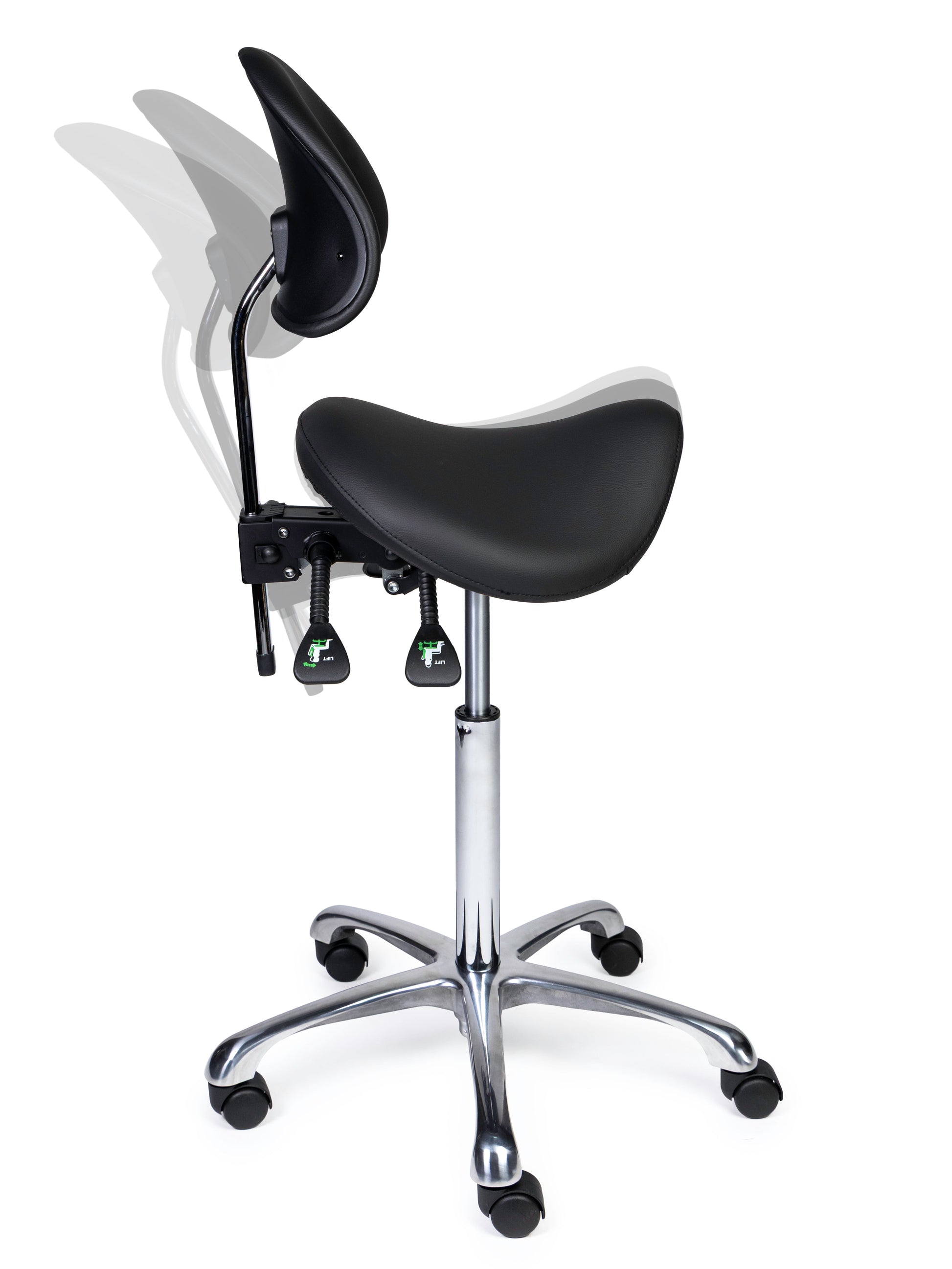 Ergonomischer Sattelhocker mit Rückenlehne Premium Schwarz auf Rollen