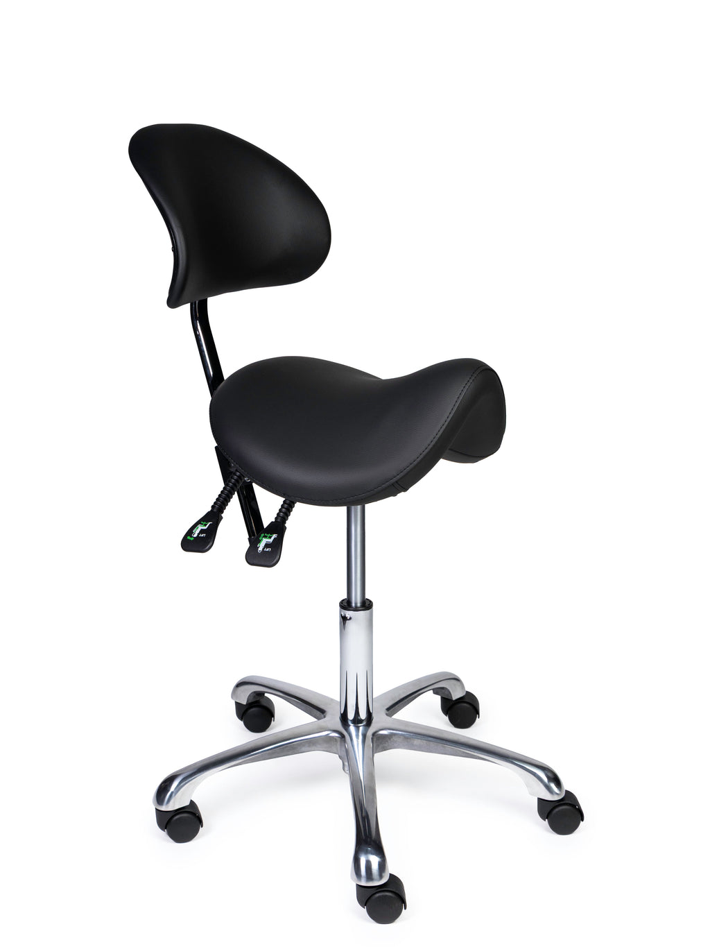 Ergonomischer Sattelhocker mit Rückenlehne Premium Schwarz auf Rollen