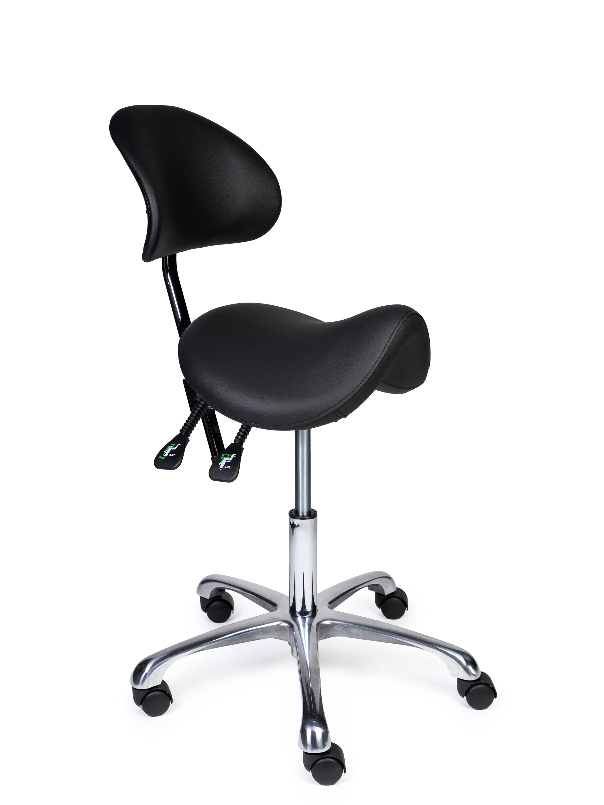 Ergonomischer Sattelhocker mit Rückenlehne Premium Schwarz auf Rollen