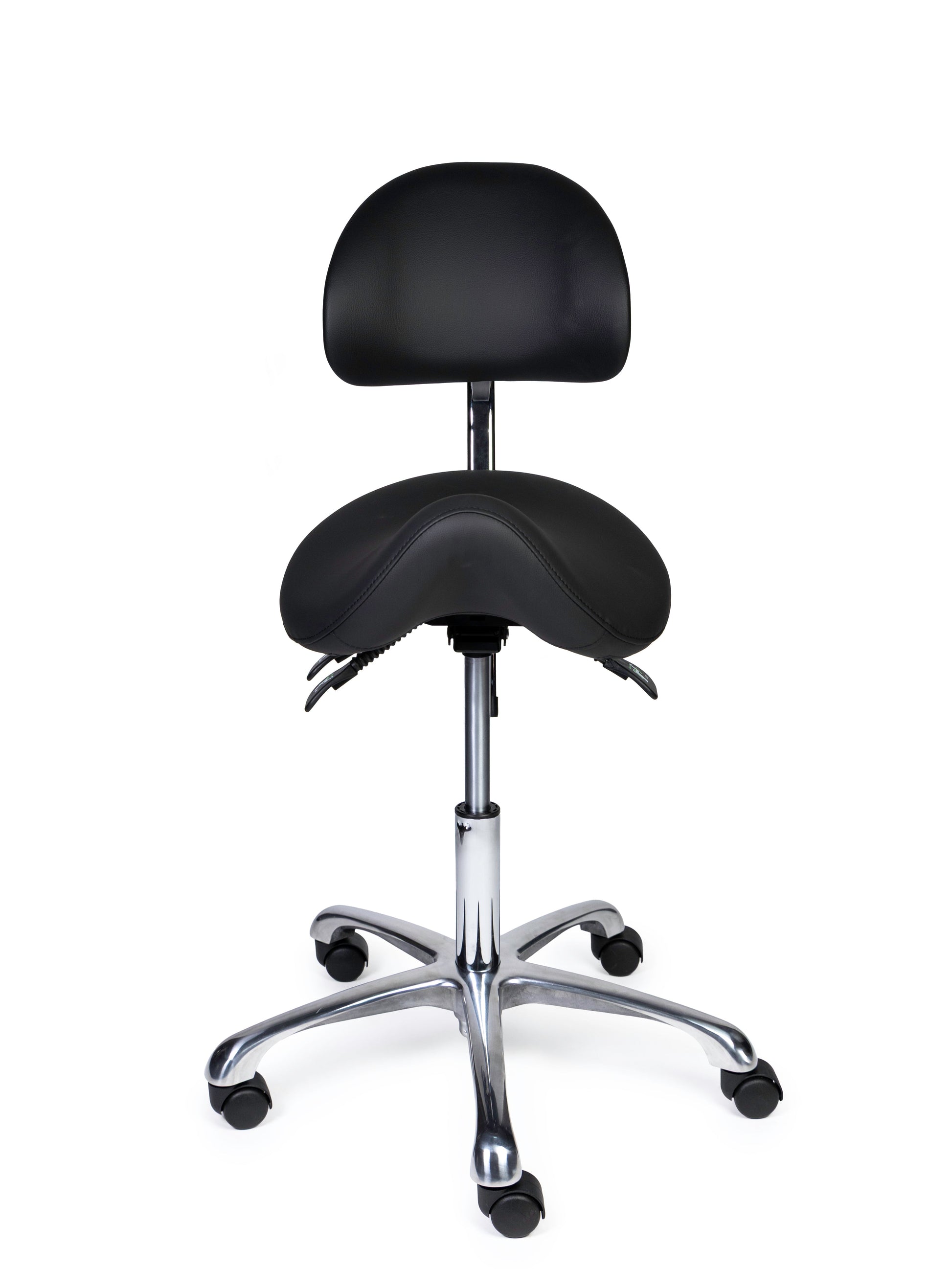 Ergonomischer Sattelhocker mit Rückenlehne Premium Schwarz auf Rollen