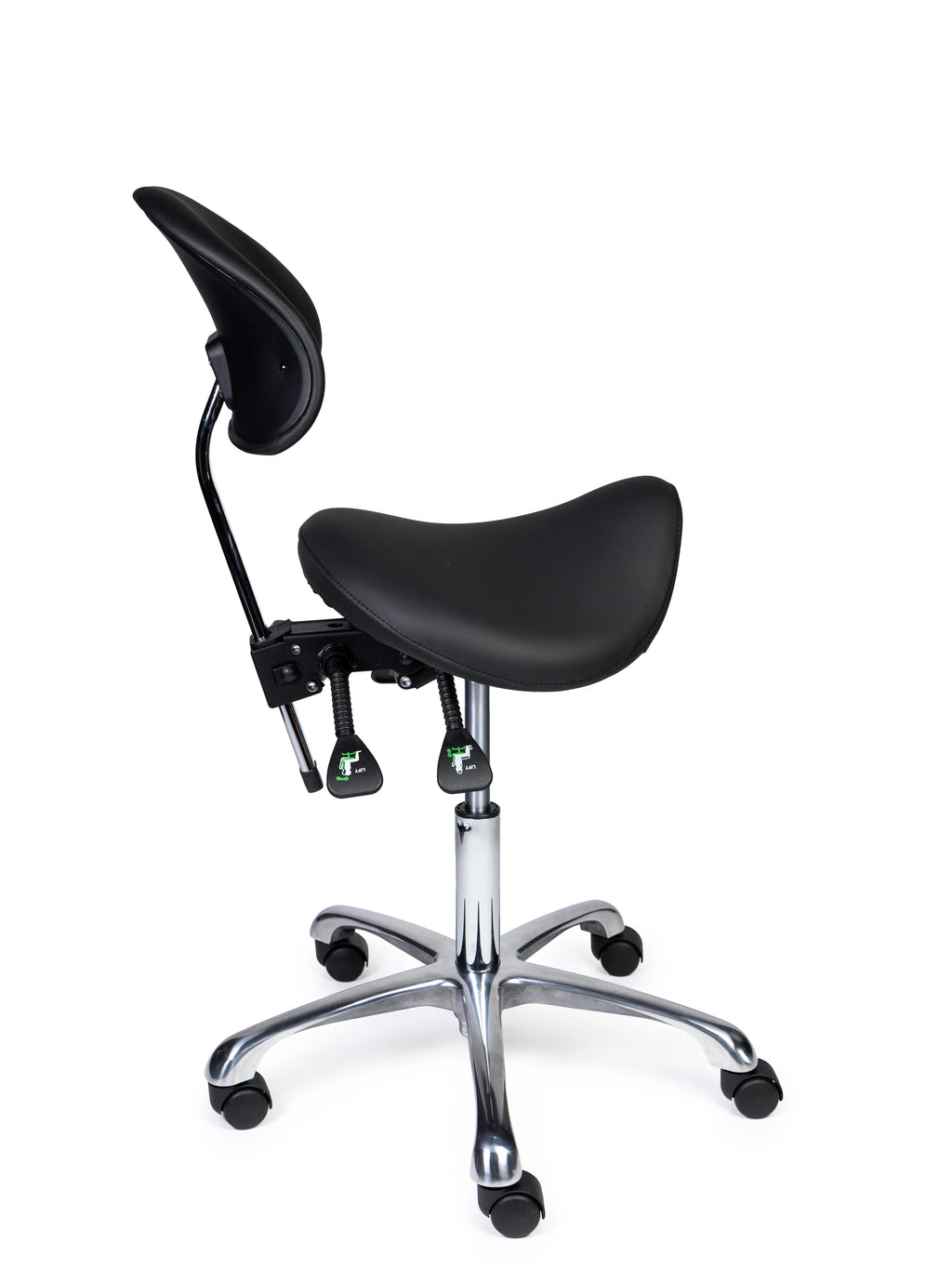 Ergonomischer Sattelhocker mit Rückenlehne Premium Schwarz auf Rollen