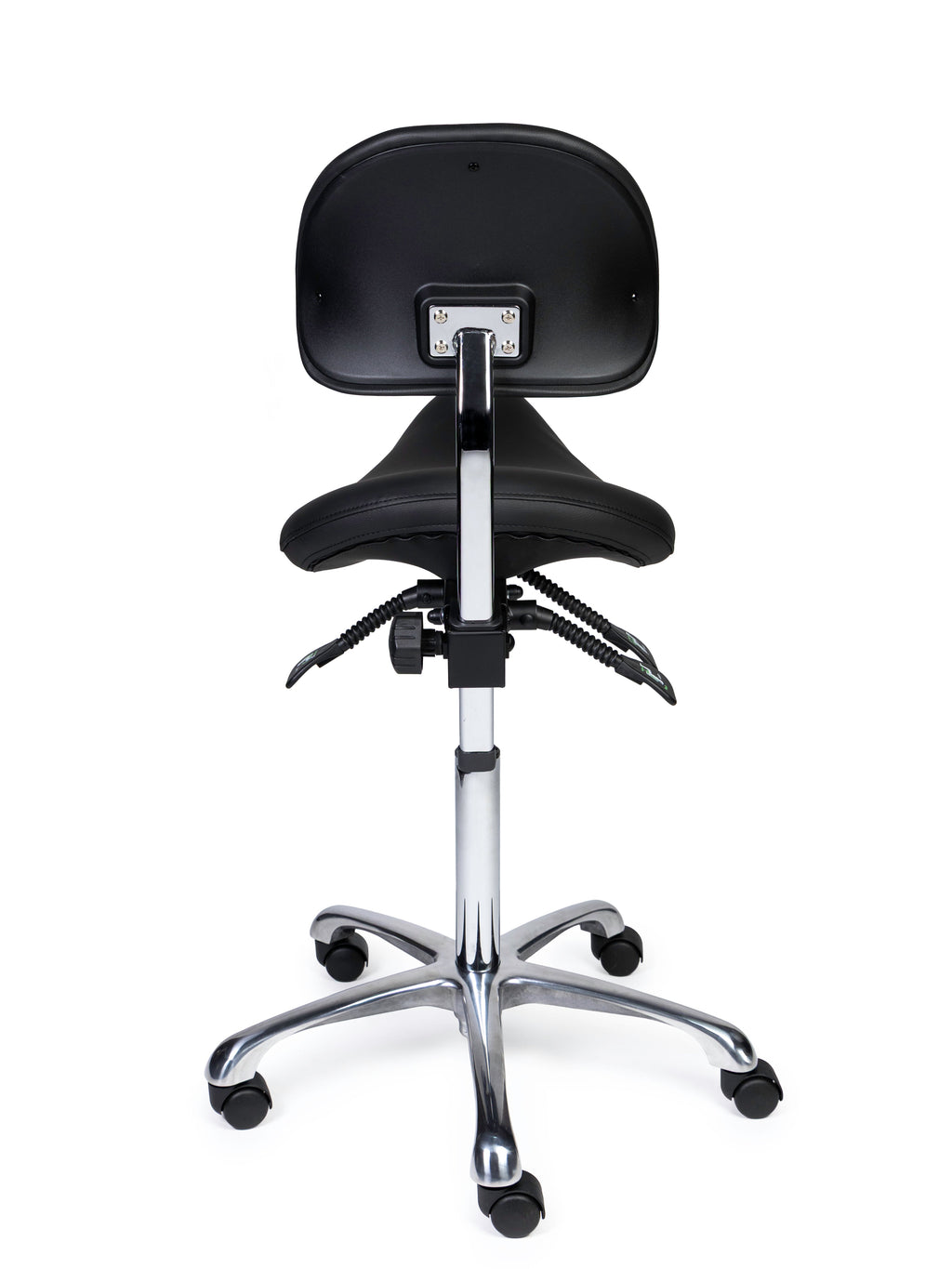 Ergonomischer Sattelhocker mit Rückenlehne Premium Schwarz auf Rollen