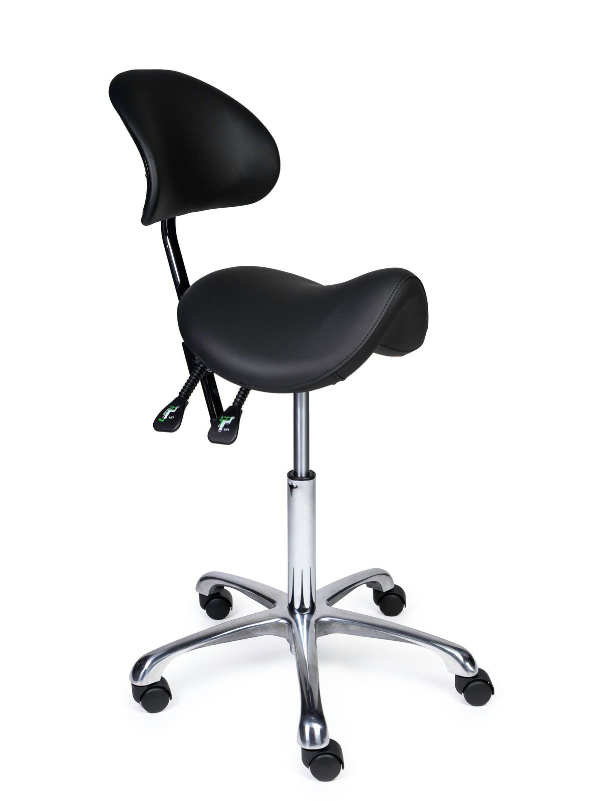 Ergonomischer Sattelhocker mit Rückenlehne Premium Schwarz auf Rollen