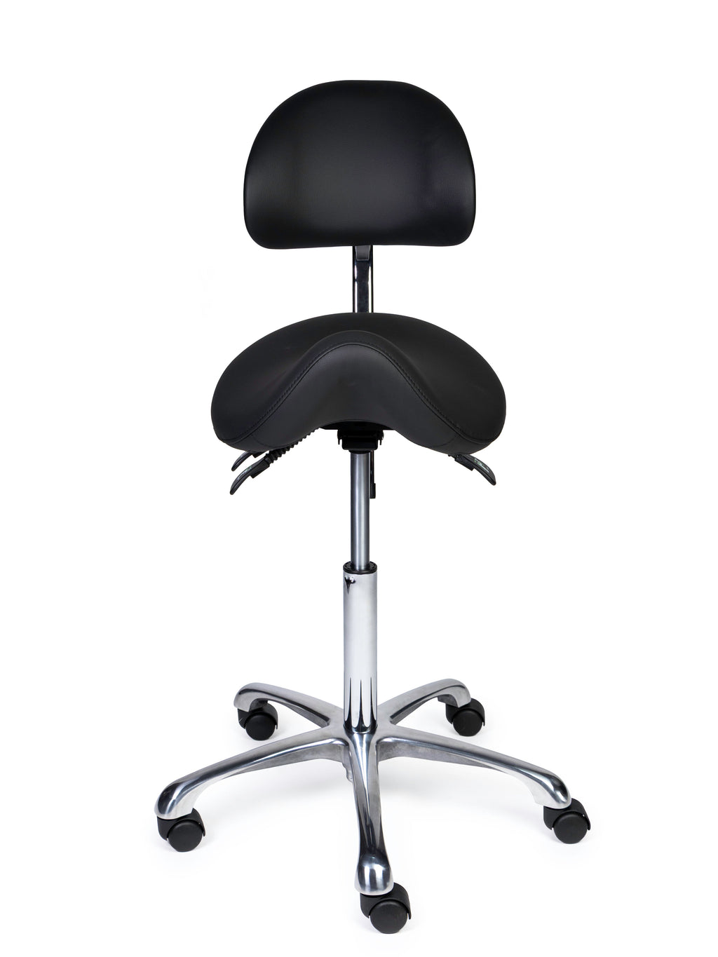 Ergonomischer Sattelhocker mit Rückenlehne Premium Schwarz auf Rollen