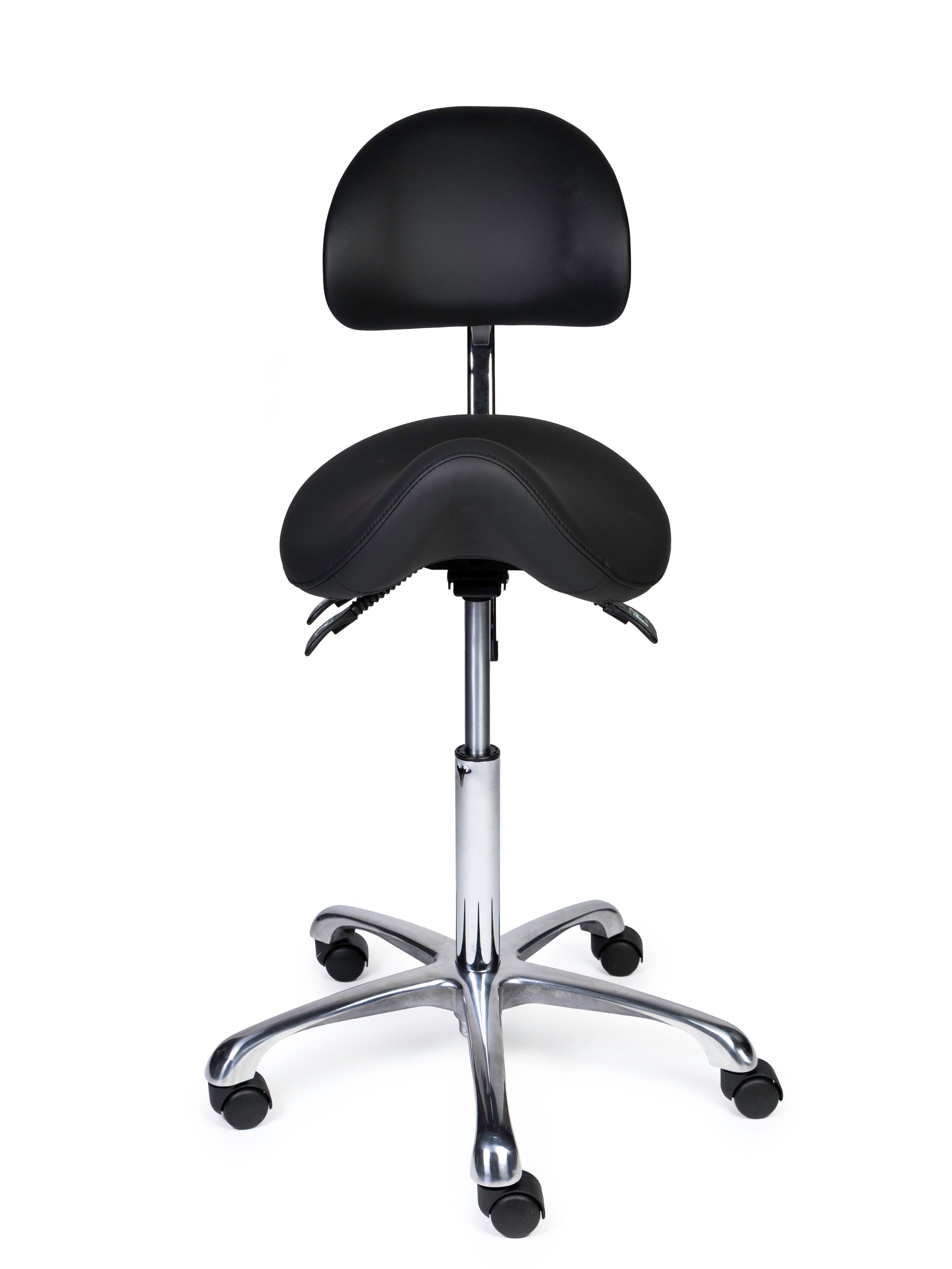 Ergonomischer Sattelhocker mit Rückenlehne Premium Schwarz auf Rollen