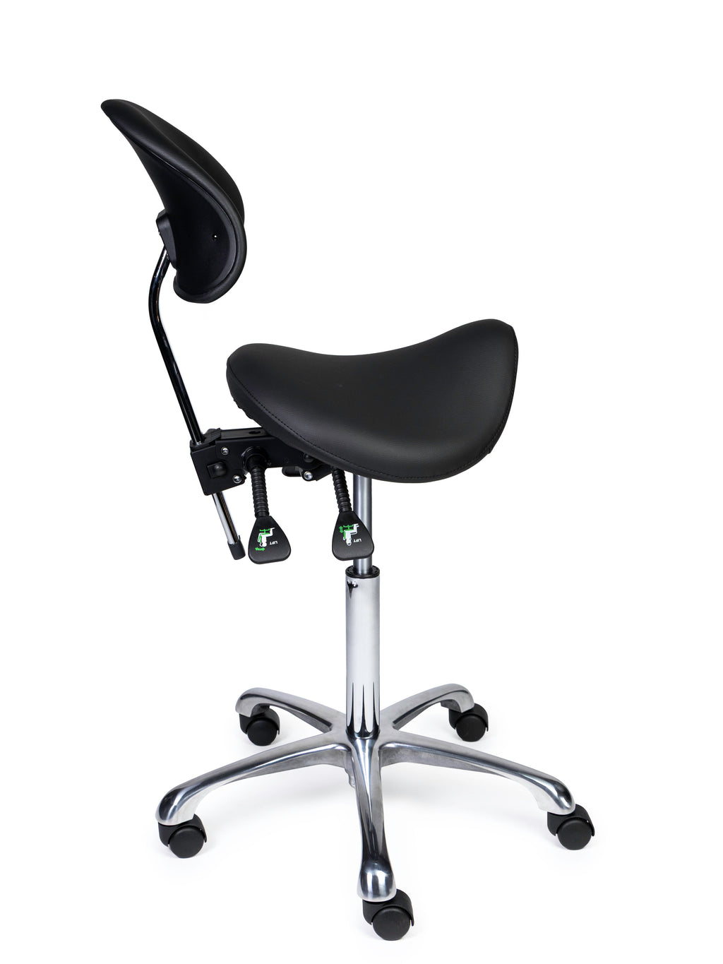 Ergonomischer Sattelhocker mit Rückenlehne Premium Schwarz auf Rollen