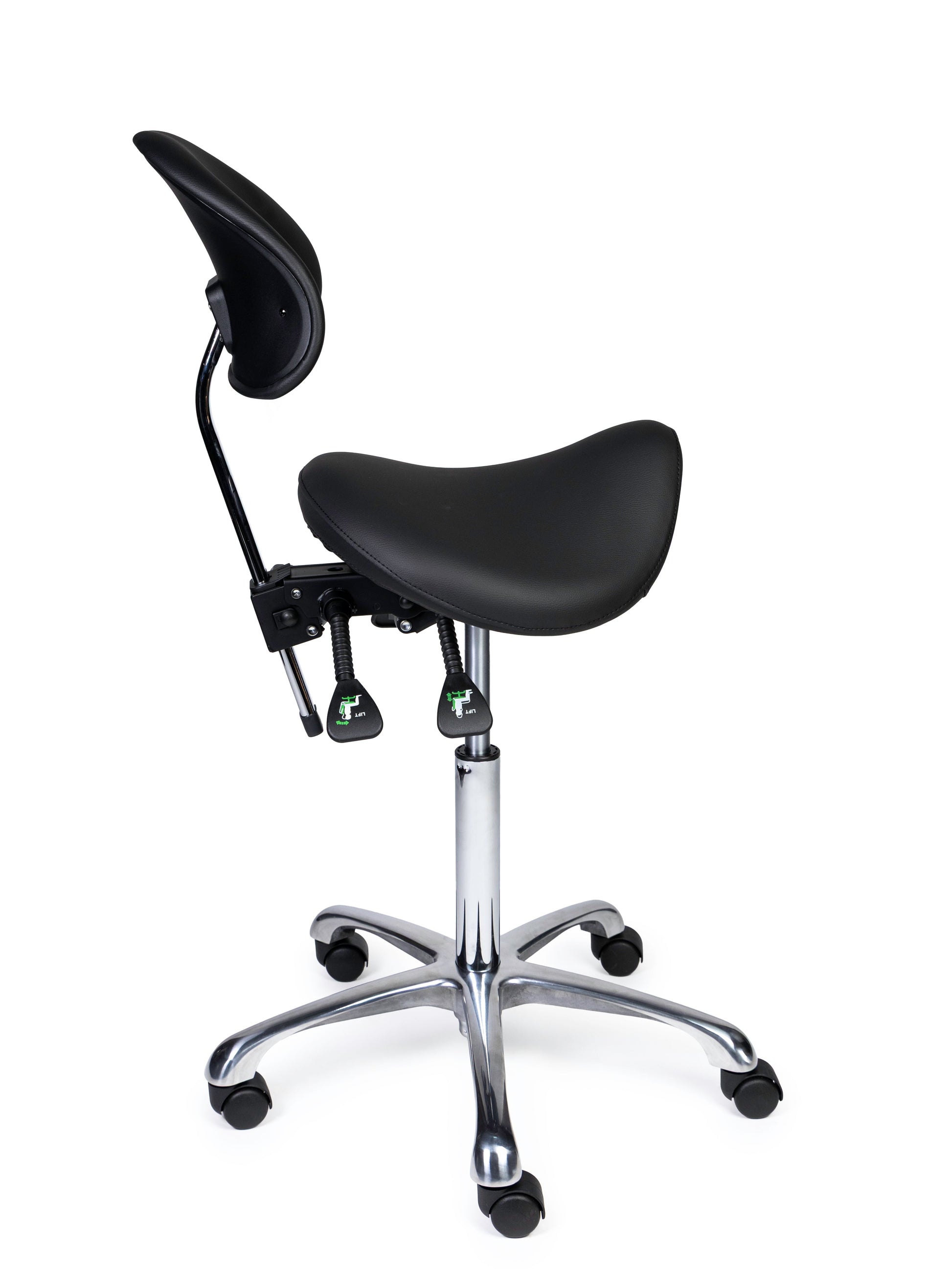 Ergonomischer Sattelhocker mit Rückenlehne Premium Schwarz auf Rollen