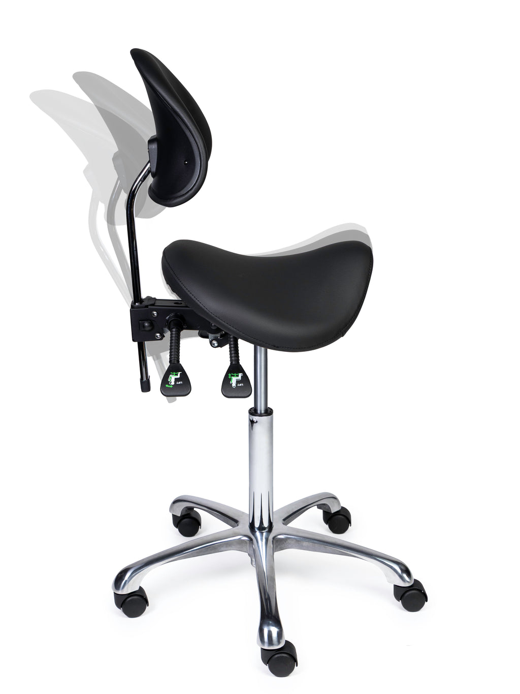 Ergonomischer Sattelhocker mit Rückenlehne Premium Schwarz auf Rollen