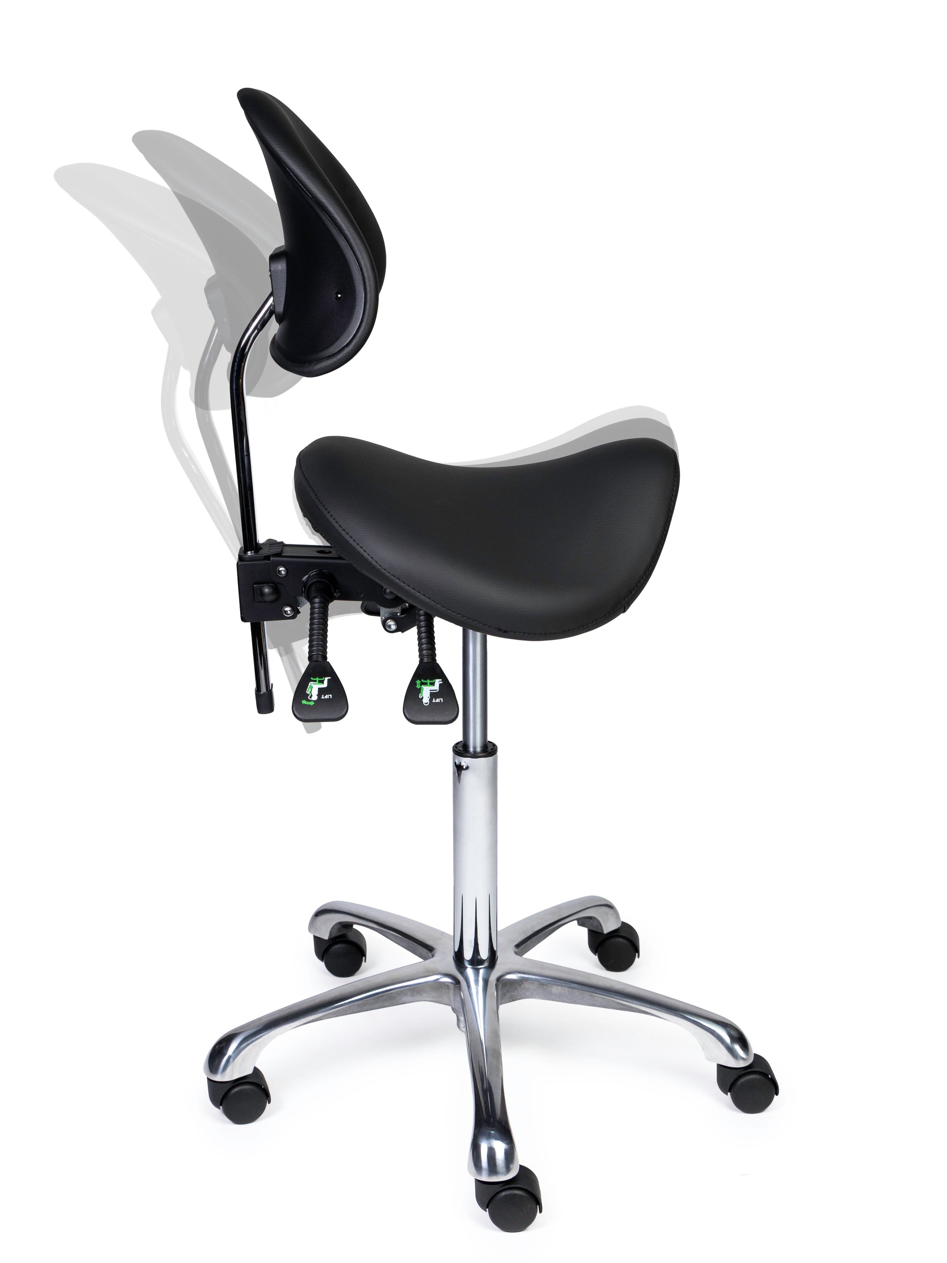 Ergonomischer Sattelhocker mit Rückenlehne Premium Schwarz auf Rollen