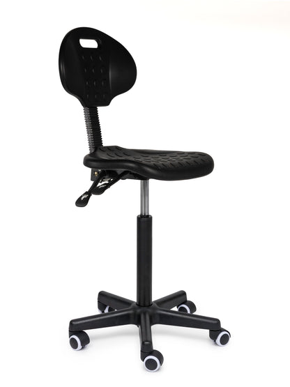 Ergonomischer Arbeitshocker Schwarz mit Lehne auf Rollen