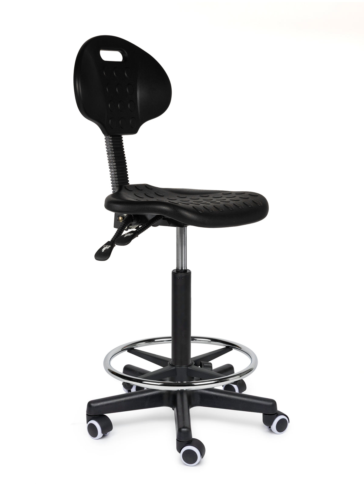Ergonomischer Arbeitshocker Schwarz mit Lehne auf Rollen