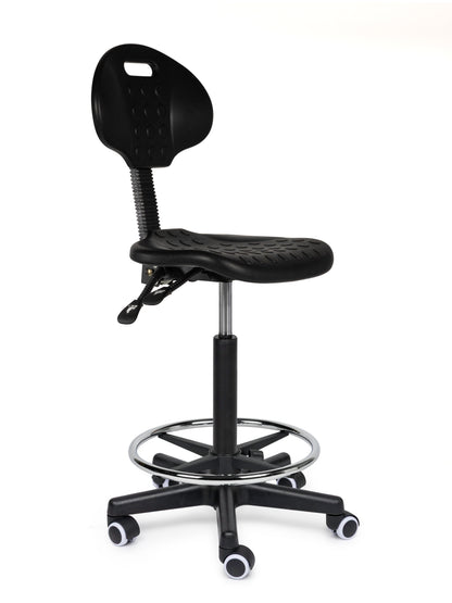 Ergonomischer Arbeitshocker Schwarz mit Lehne auf Rollen