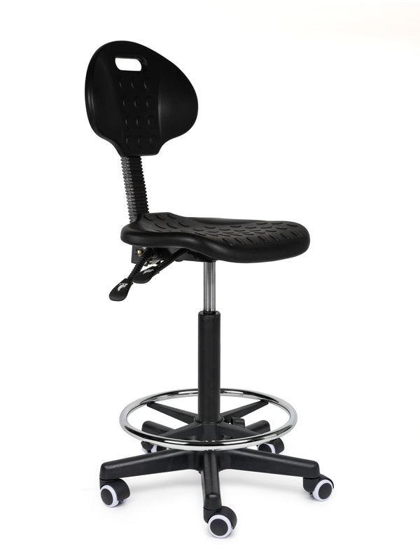 Ergonomischer Arbeitshocker Schwarz mit Lehne auf Rollen