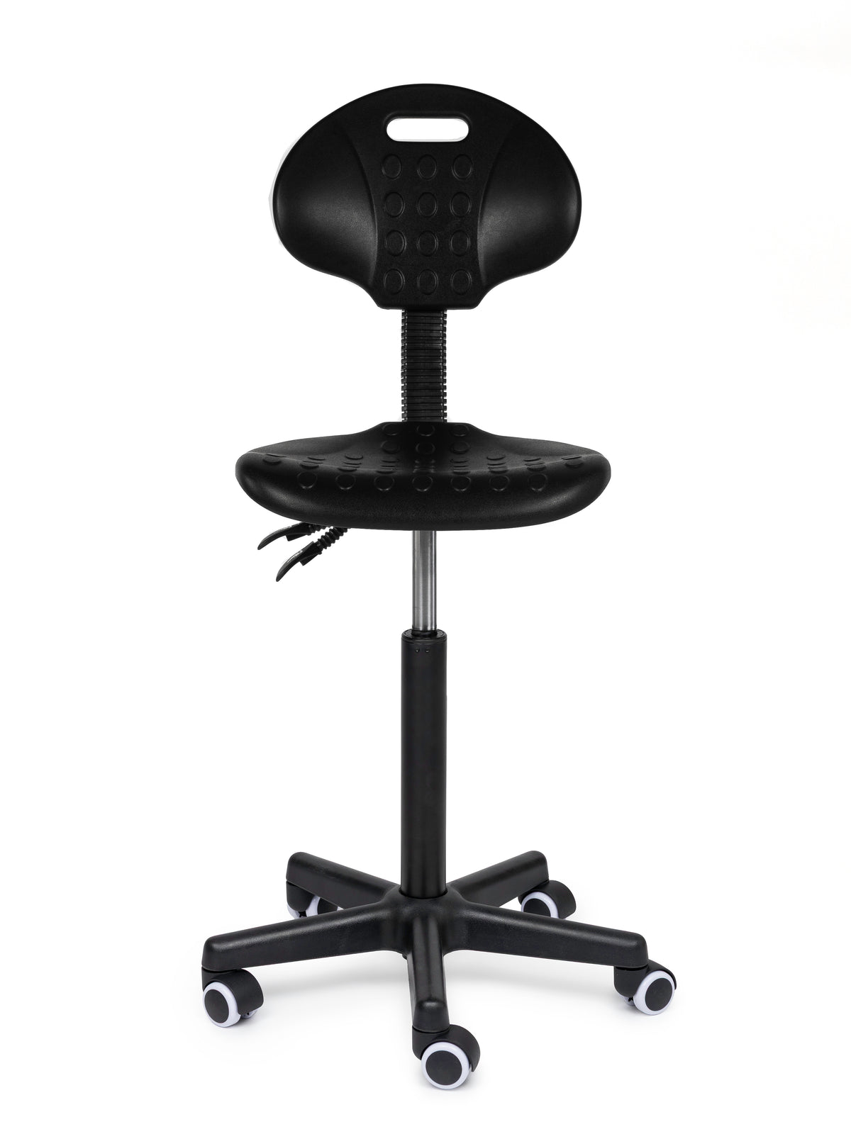 Ergonomischer Arbeitshocker Schwarz mit Lehne auf Rollen