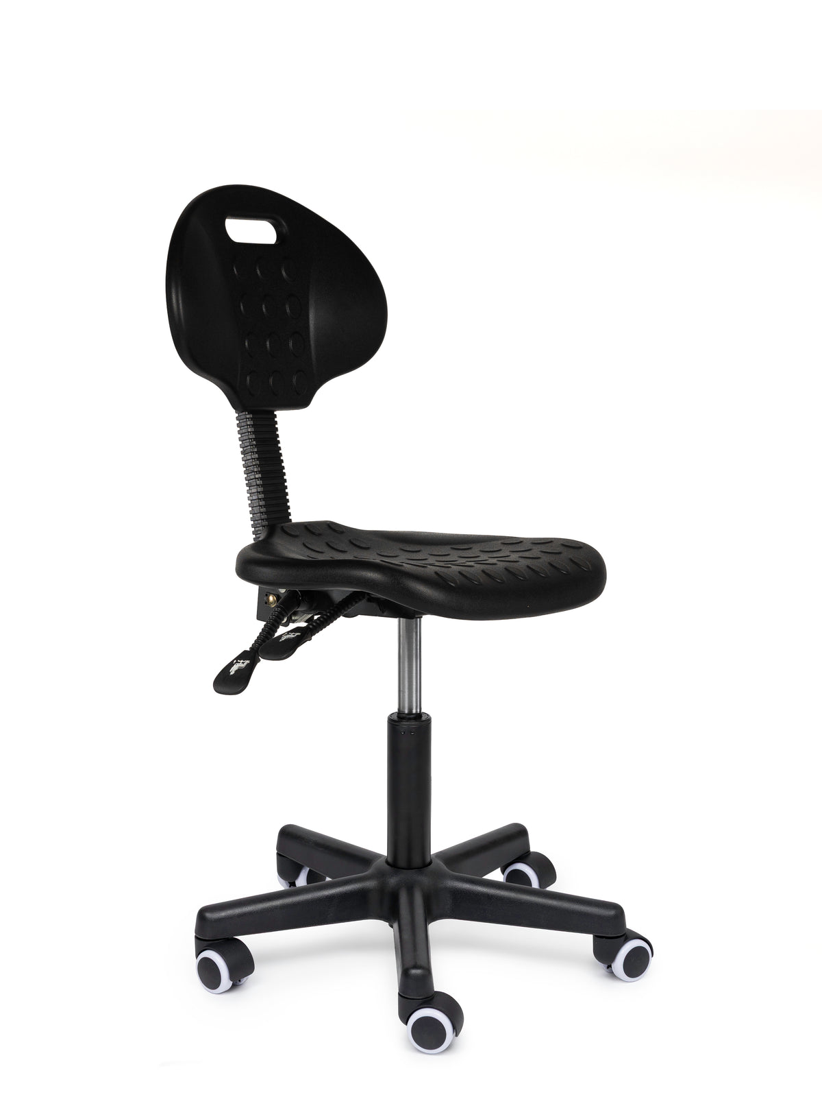 Ergonomischer Arbeitshocker Schwarz mit Lehne auf Rollen