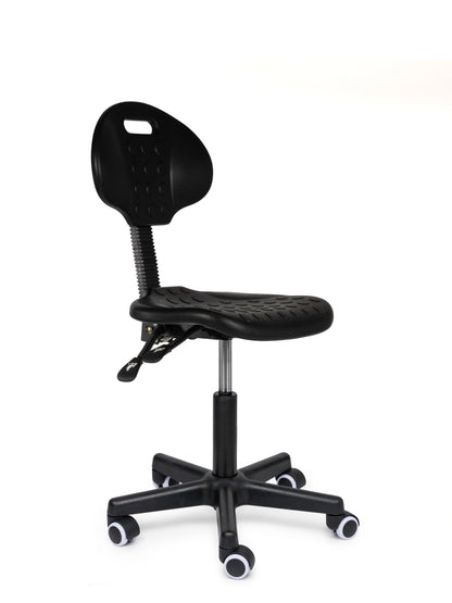 Ergonomischer Arbeitshocker Schwarz mit Lehne auf Rollen