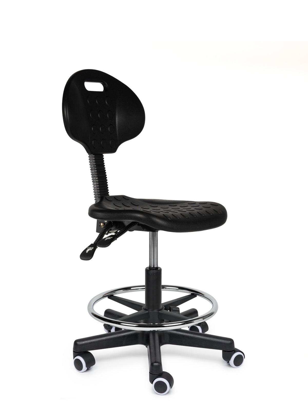 Ergonomischer Arbeitshocker Schwarz mit Lehne auf Rollen