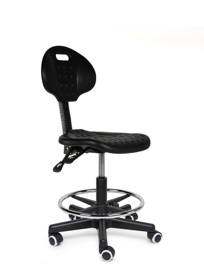 Ergonomischer Arbeitshocker Schwarz mit Lehne auf Rollen