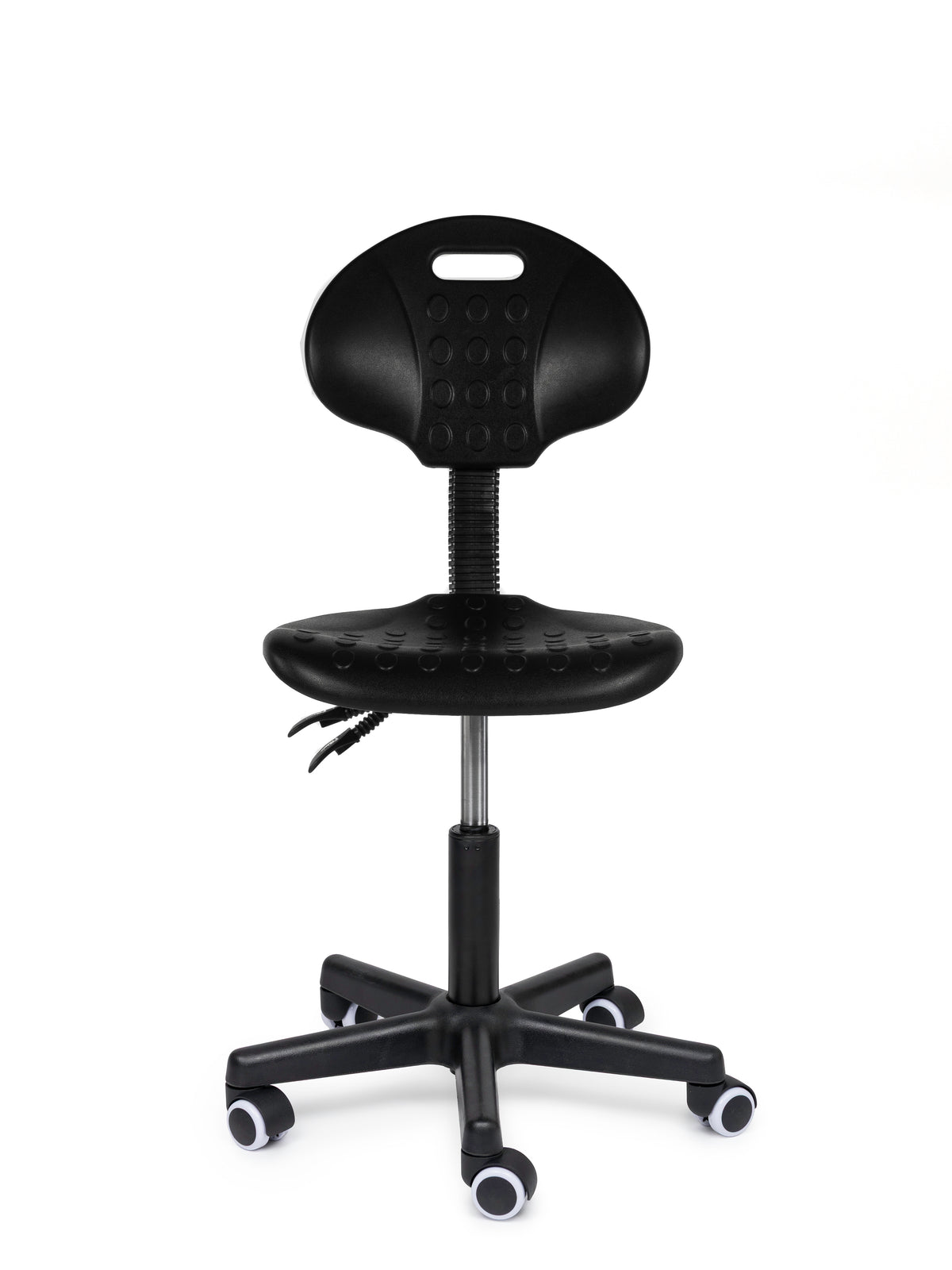 Ergonomischer Arbeitshocker Schwarz mit Lehne auf Rollen