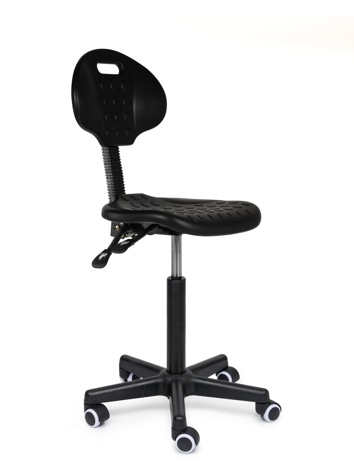Ergonomischer Arbeitshocker Schwarz mit Lehne auf Rollen