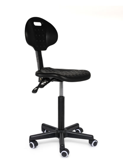 Ergonomischer Arbeitshocker Schwarz mit Lehne auf Rollen