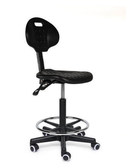 Ergonomischer Arbeitshocker Schwarz mit Lehne auf Rollen