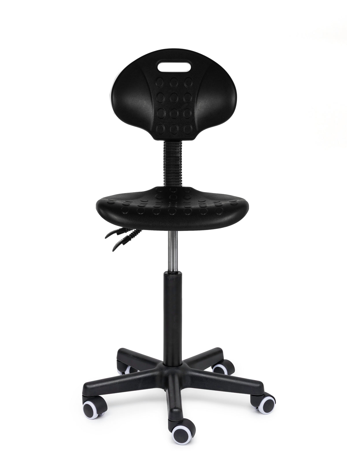 Ergonomischer Arbeitshocker Schwarz mit Lehne auf Rollen