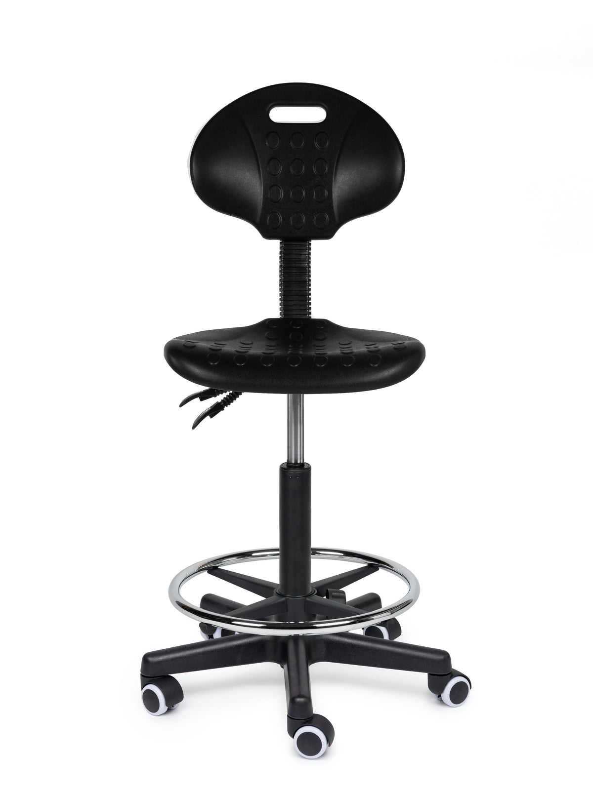 Ergonomischer Arbeitshocker Schwarz mit Lehne auf Rollen