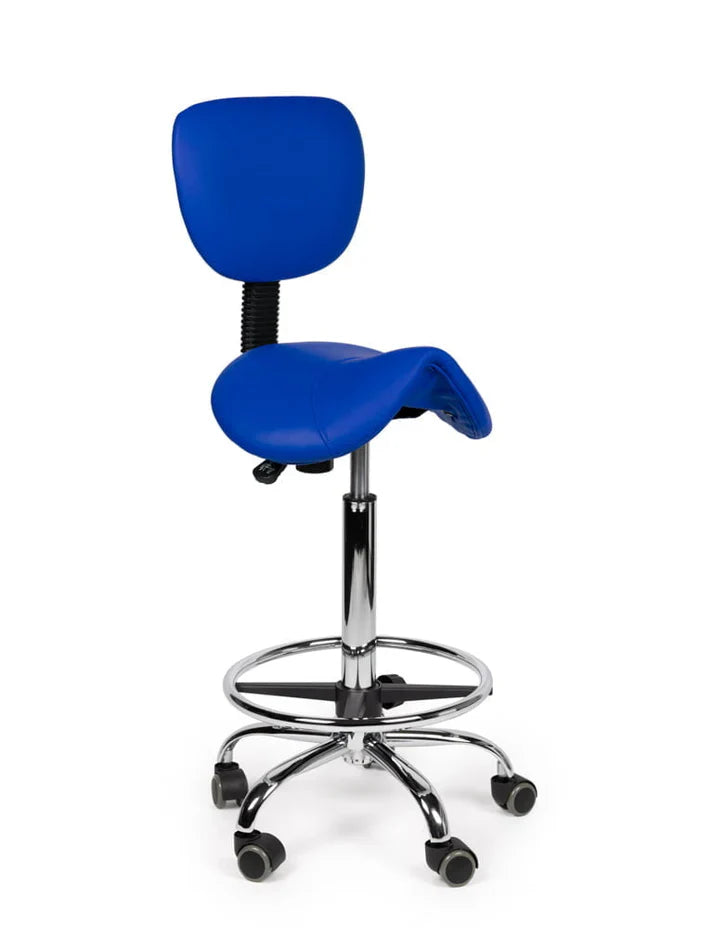 Ergonomischer Sattelhocker Blau mit Lehne auf Rollen