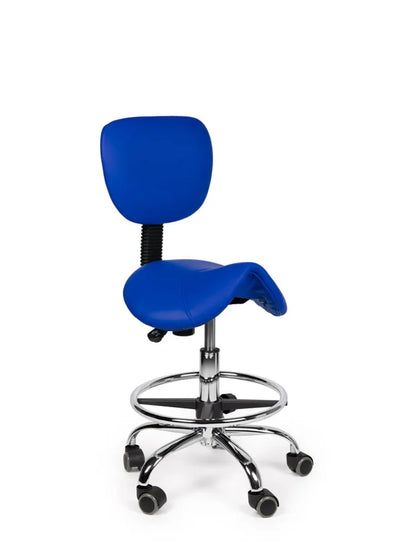 Ergonomischer Sattelhocker Blau mit Lehne auf Rollen