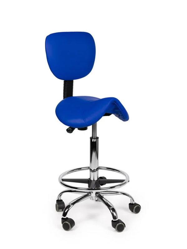 Ergonomischer Sattelhocker Blau mit Lehne auf Rollen