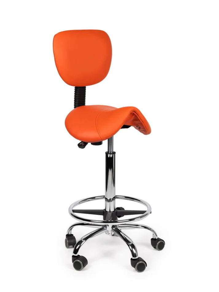Ergonomischer Sattelhocker Orange mit Lehne auf Rollen