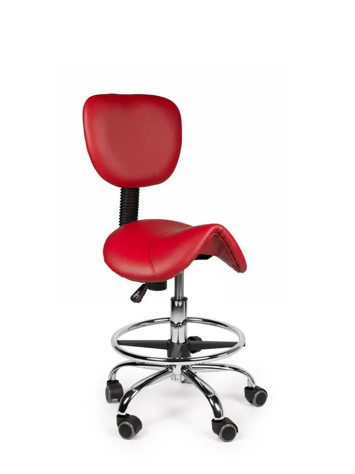 Ergonomischer Sattelhocker Rot mit Lehne auf Rollen