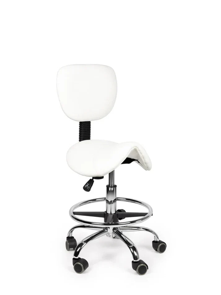 Ergonomischer Sattelhocker Weiß mit Lehne auf Rollen