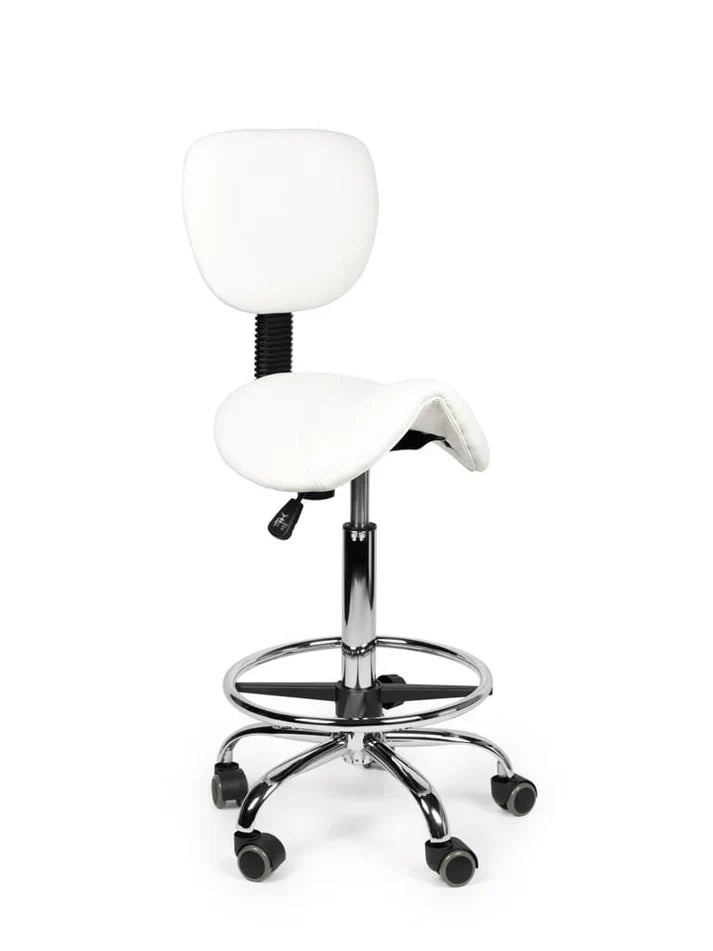 Ergonomischer Sattelhocker Weiß mit Lehne auf Rollen