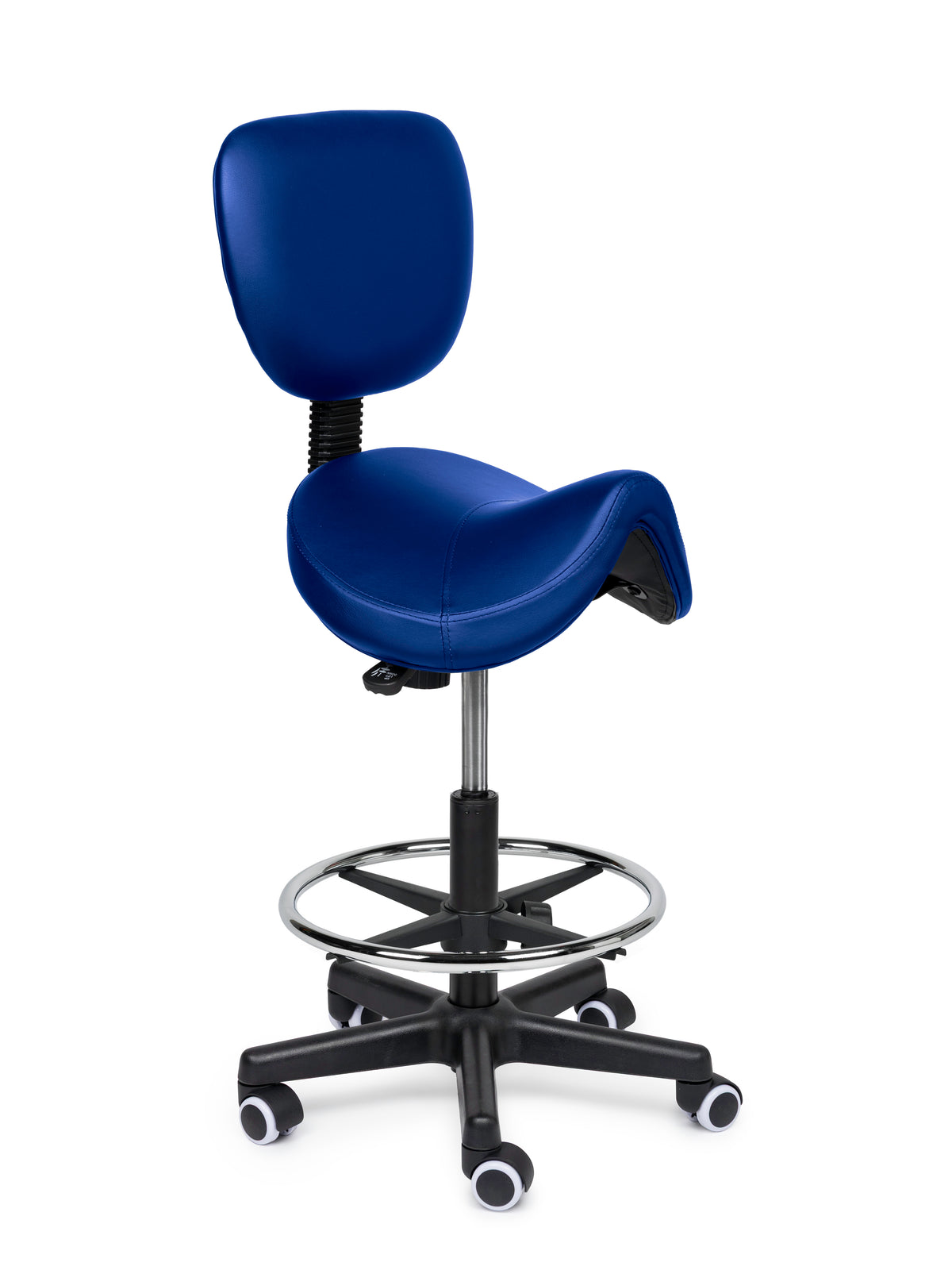 Comfort Sattelhocker mit Lehne Blau auf Rollen