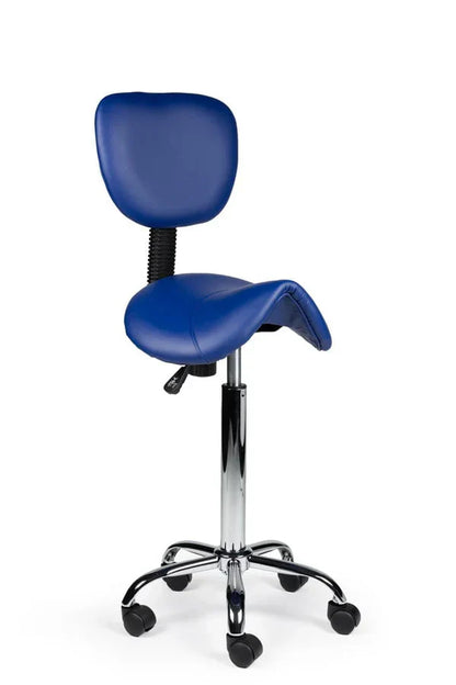Ergonomischer Sattelhocker Blau mit Lehne auf Rollen
