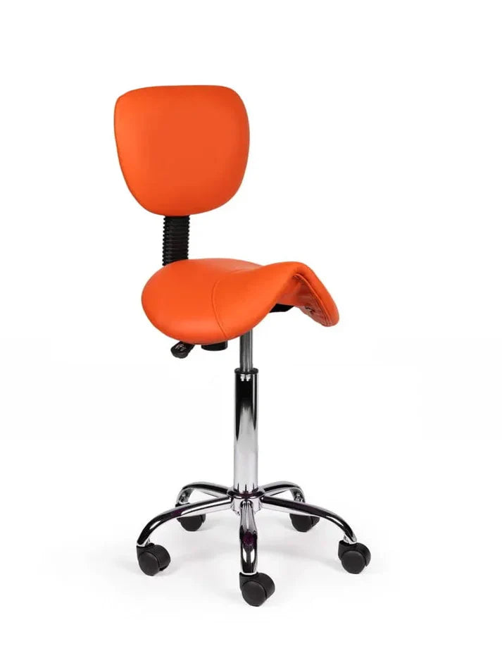 Ergonomischer Sattelhocker Orange mit Lehne auf Rollen