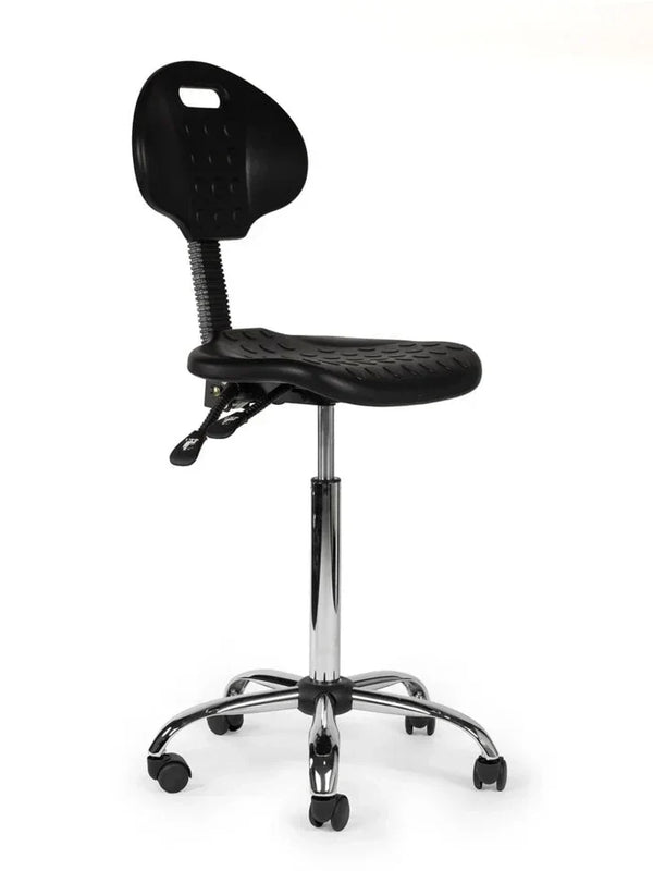 Ergonomischer Arbeitshocker Schwarz mit Lehne auf Rollen