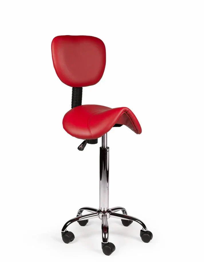 Ergonomischer Sattelhocker Rot mit Lehne auf Rollen
