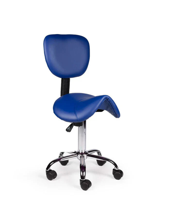 Ergonomischer Sattelhocker Blau mit Lehne auf Rollen