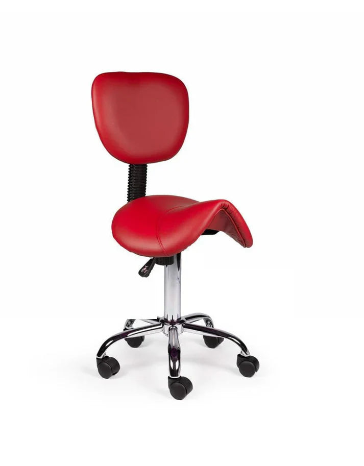 Ergonomischer Sattelhocker Rot mit Lehne auf Rollen