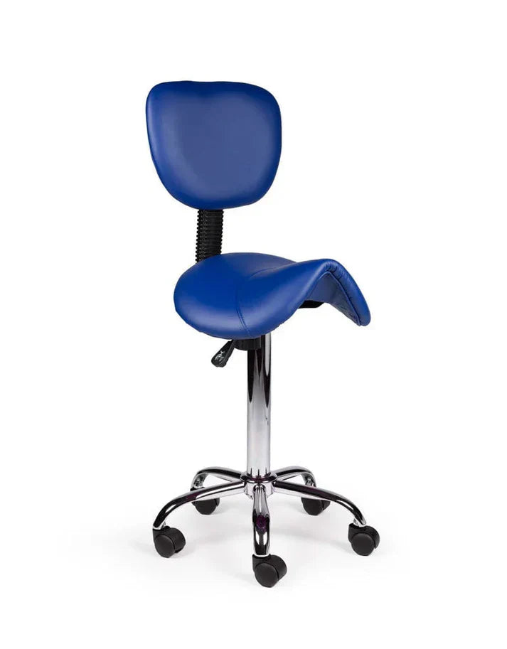 Ergonomischer Sattelhocker Blau mit Lehne auf Rollen